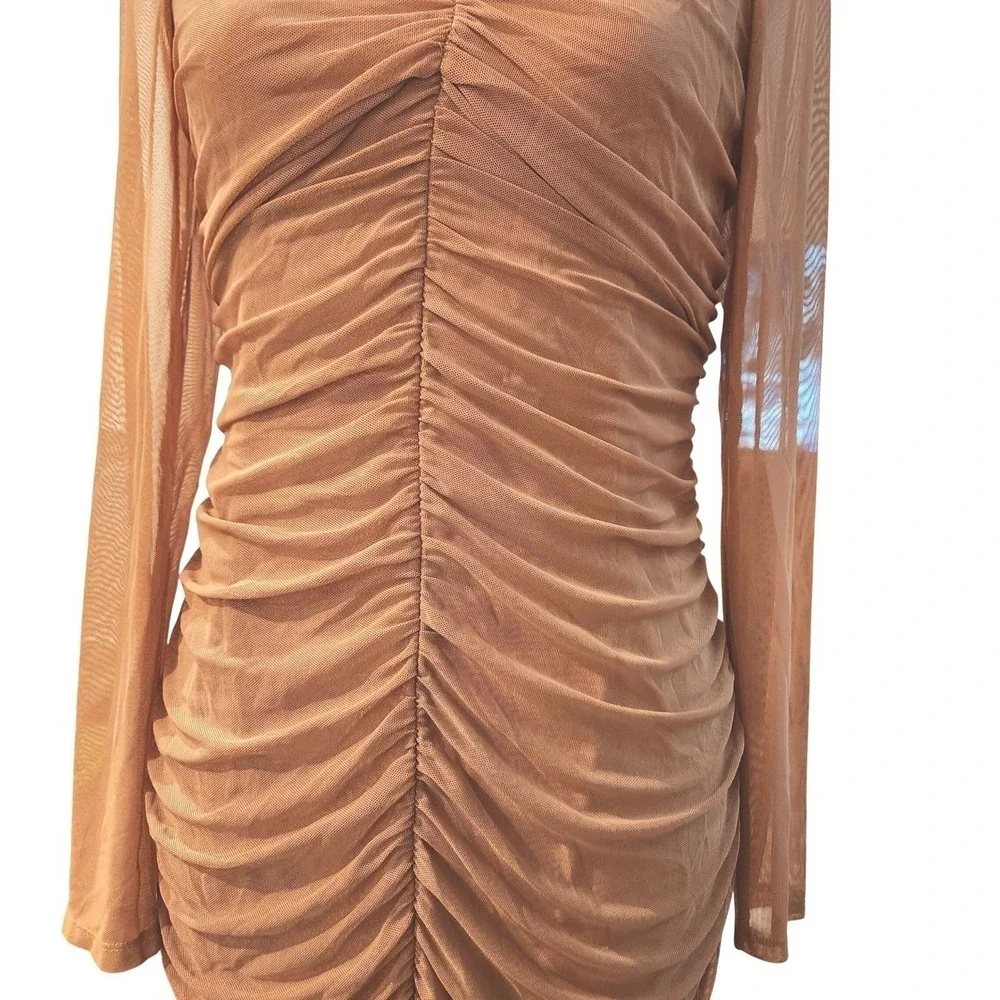 FRENCH CONNECTION Toni Ruched Mesh Long Sleeve Bodycon Mini Dress Blush Size‎ M